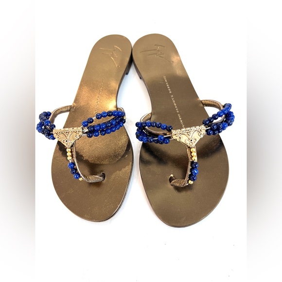 Giuseppe Zanotti Shoes - Giuseppe Zanotti gold sandas with blue beads embellishment